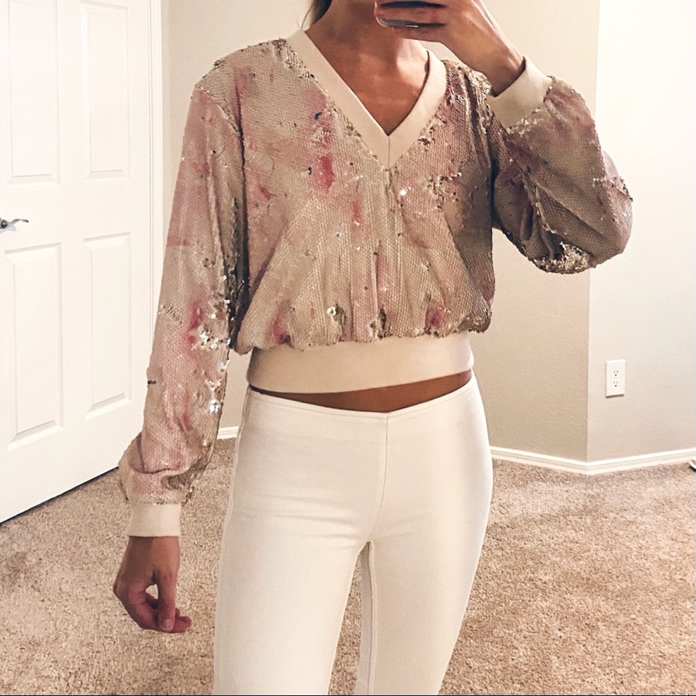 Rachel Comey Pink and Beige Sequin Crop Top